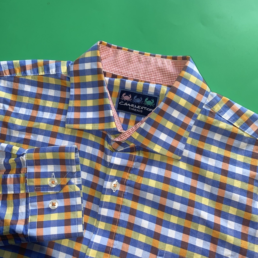 Charleston Threads Mens Long Sleeve Button Up Blue Pink Yellow Checked‎ Sz Med